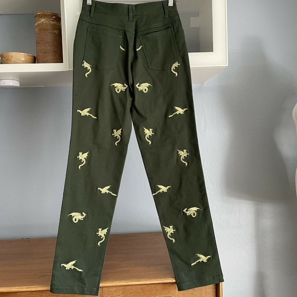 UO HOT LAVA Green Gold Embroidered Dragon Pants - Picture 3 of 6